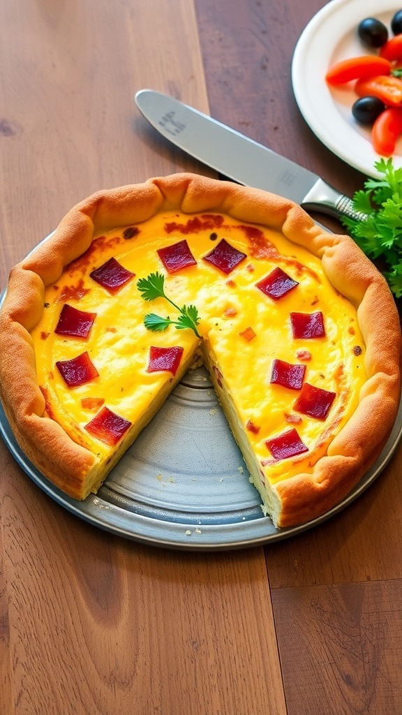 A slice of Quiche Lorraine with bacon and cheese, garnished with parsley, on a wooden table with a salad.